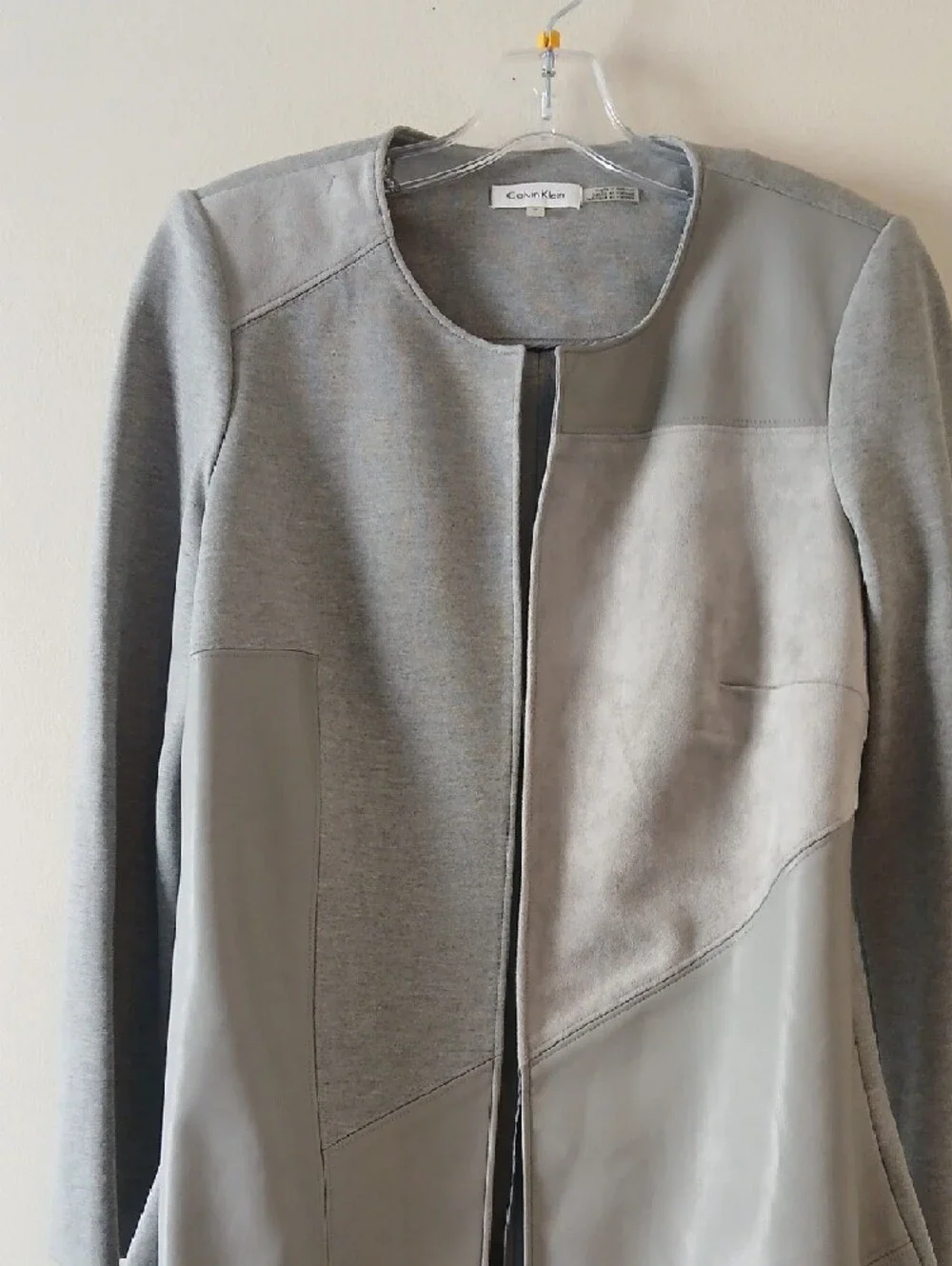 Calvin Klein Light Gray Patchwork Collarless Trench Coat - Picture 3 of 8